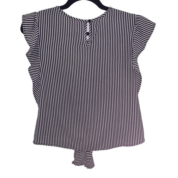 Monteau Black and White Stripped Ruffle Short Sleeve Tie Front Top Size M - Picture 2 of 6